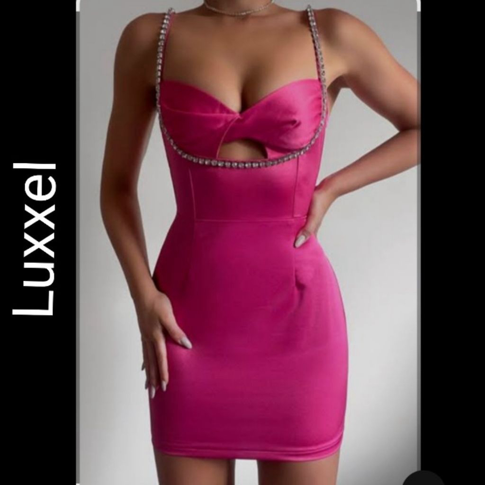 NWT Women's LUXXEL Pink Mini Party Girl Dress with Rhinestone bling Straps M
